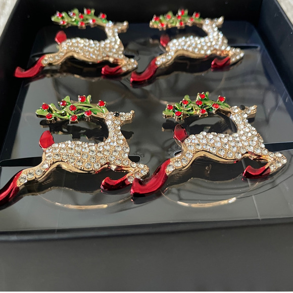Nicole Miller Christmas Rhinestone Reindeer Napkin Rings Set of 4 Holiday Glam - Picture 5 of 9